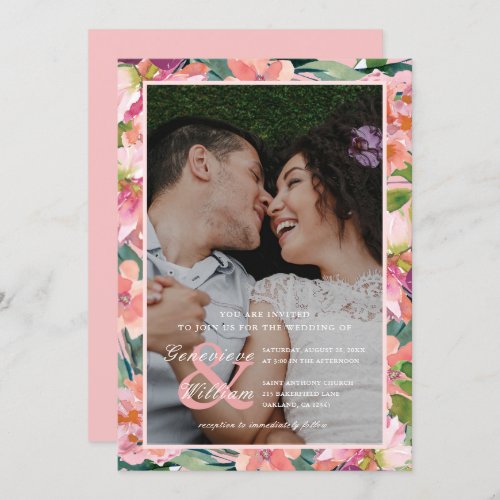 Pretty Soft Pink Watercolor Floral Wedding Photo Invitation