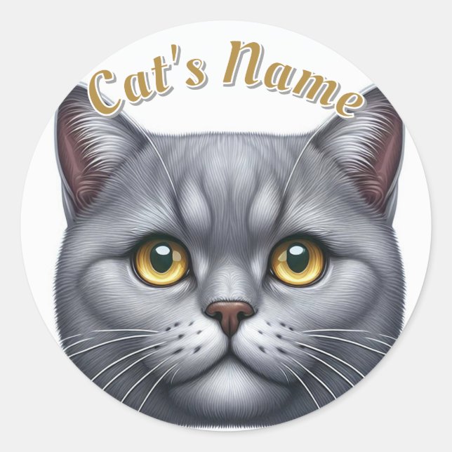 Pretty Solid Gray Cat • Personalized Classic Round Sticker (Front)