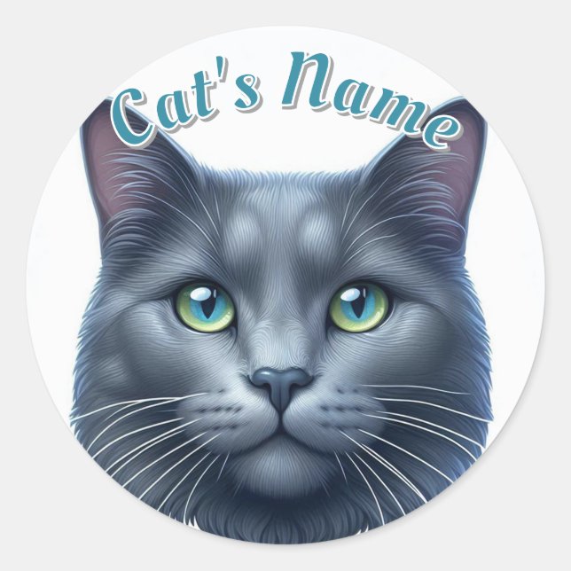 Pretty Solid Gray Longhaired Cat • Personalized Classic Round Sticker (Front)