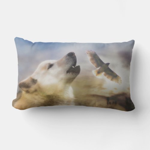 Pretty Southwestern Wolf and Hawk Lumbar Pillow