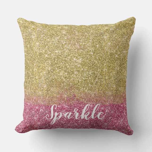 Pretty Sparkle Gold Pink Faux Glitter Throw Pillow (Front)