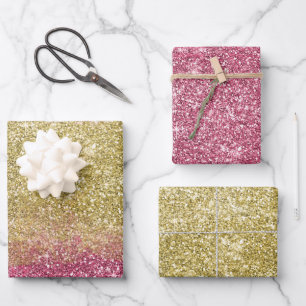 Pretty Sparkle Gold Pink Faux Glitter Wrapping Paper Sheets