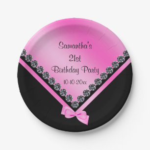 Pretty Sparkly Diamonds & Pink Bow 21st Birthday Paper Plates