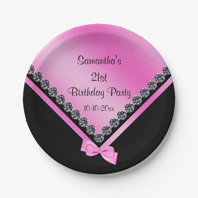 Pretty Sparkly Diamonds & Pink Bow 21st Birthday Paper Plates (Front)