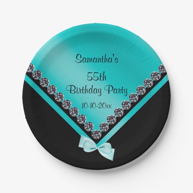 Pretty Sparkly Diamonds & Teal Bow 55th Birthday Paper Plates (Front)