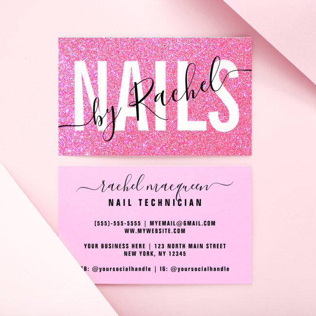 Pretty Sparkly Pink Glitter Typography Nail Artist Business Card