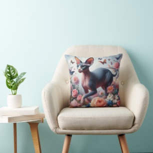 Pretty Sphynx Cat & Flowers Throw Pillow