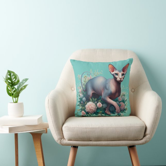 Pretty Sphynx Cat & Flowers Throw Pillow (Chair)