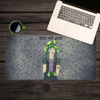 Pretty Spooky Girl Tattoos Hat Black Stars Grey Desk Mat