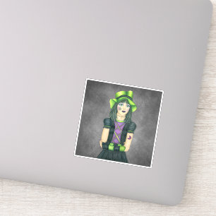 Pretty Spooky Halloween Girl Green Hat Tattoo Gray Sticker