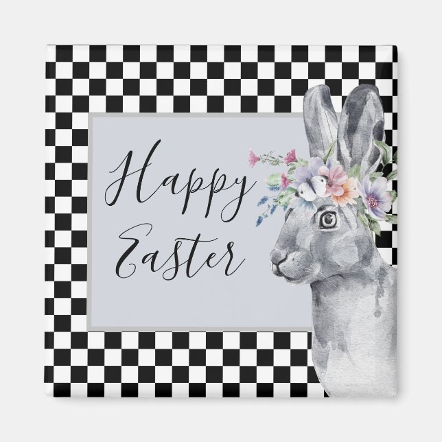 Pretty Spring Bunny Checkerboard Easter  Magnet (Front)