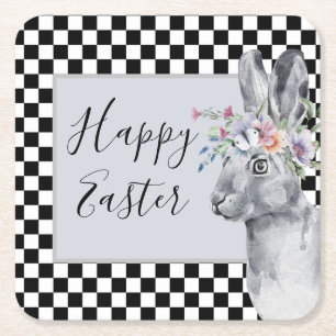 Pretty Spring Bunny Checkerboard Easter   Square Paper Coaster
