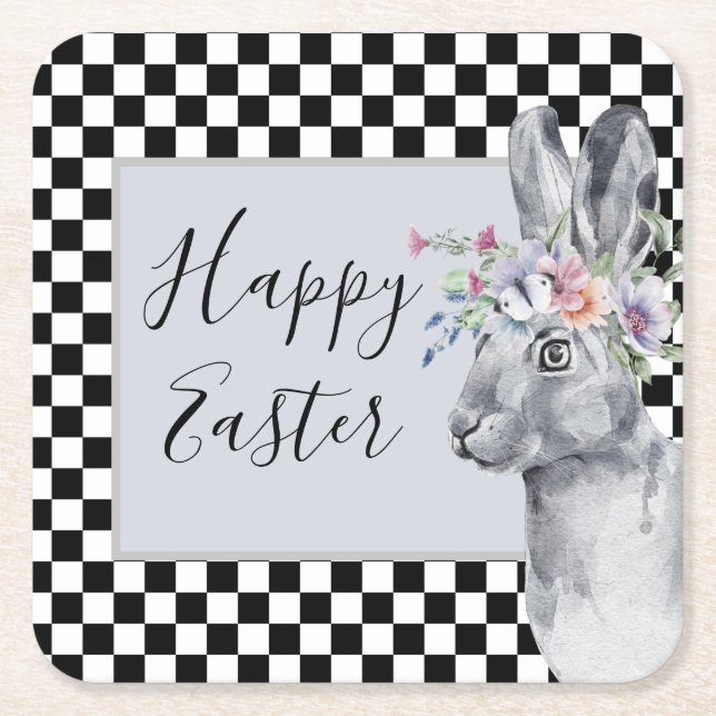 Pretty Spring Bunny Checkerboard Easter   Square Paper Coaster (Front)