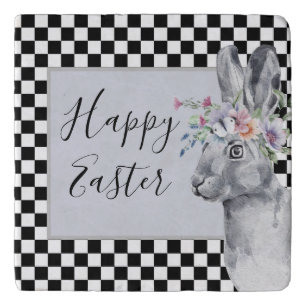 Pretty Spring Bunny Checkerboard Easter  Trivet