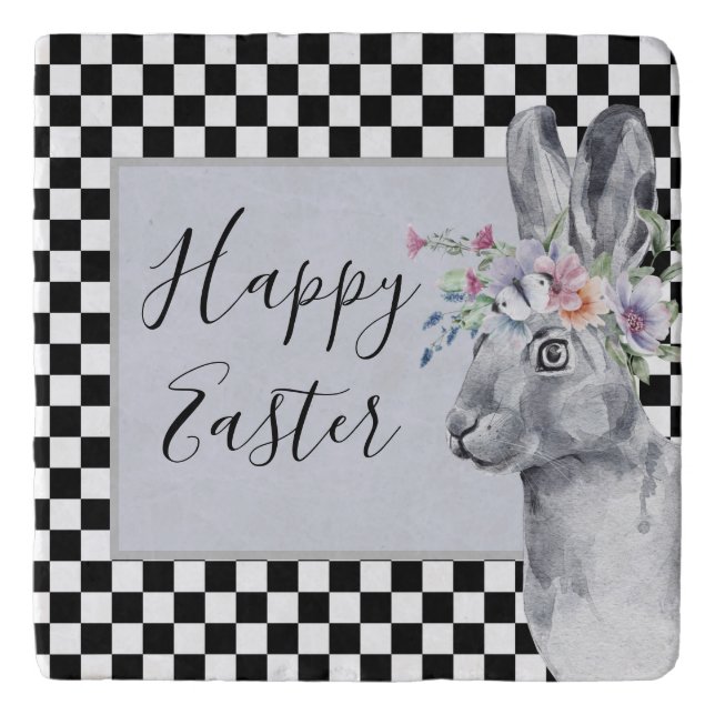 Pretty Spring Bunny Checkerboard Easter  Trivet (Front)