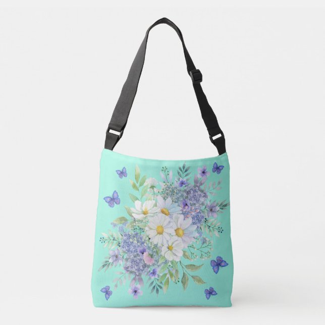 Pretty Spring Daisies, Blue Flowers & Butterflies Crossbody Bag (Front)
