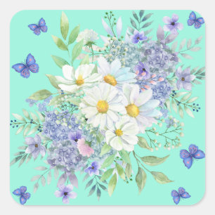 Pretty Spring Daisies, Blue Flowers & Butterflies Square Sticker