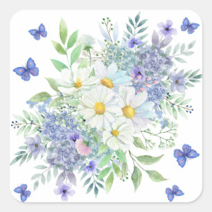 Pretty Spring Daisies, Blue Flowers & Butterflies Square Sticker