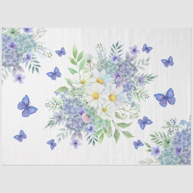 Pretty Spring Daisies, Blue Flowers & Butterflies Tissue Paper (Front)
