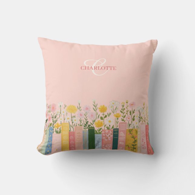Pretty Spring Floral Bookish Throw Pillow (Front)