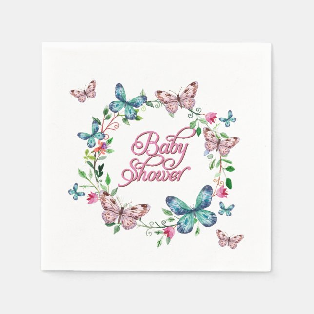 PRETTY SPRING FLORAL BUTTERFLY WREATH BABY SHOWER PAPER NAPKINS (Front)