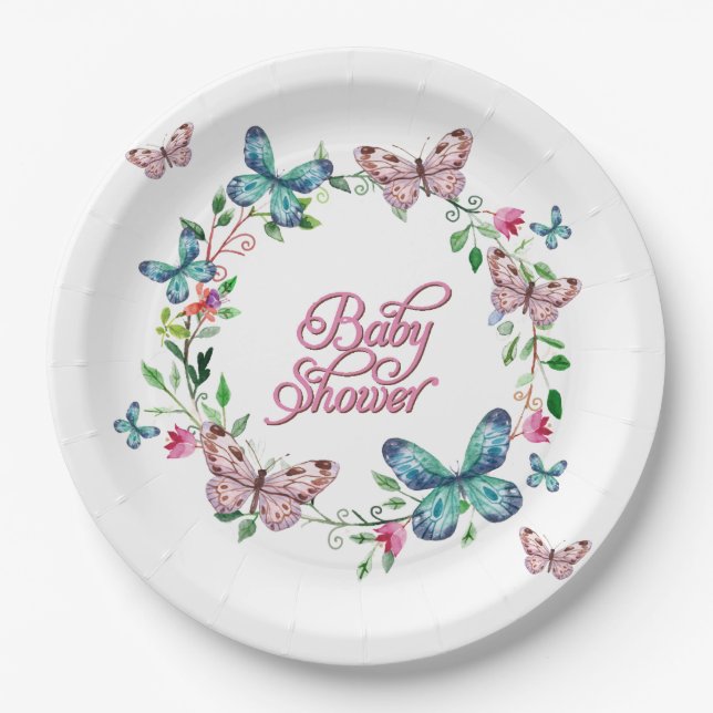 PRETTY SPRING FLORAL BUTTERFLY WREATH BABY SHOWER PAPER PLATES (Front)