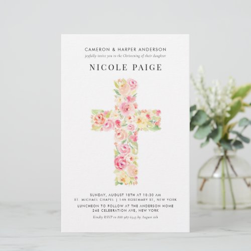 Pretty Spring Floral Cross Christening Invitation