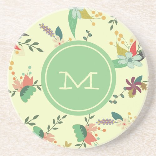 Pretty Spring Floral Mint Monogram Coaster