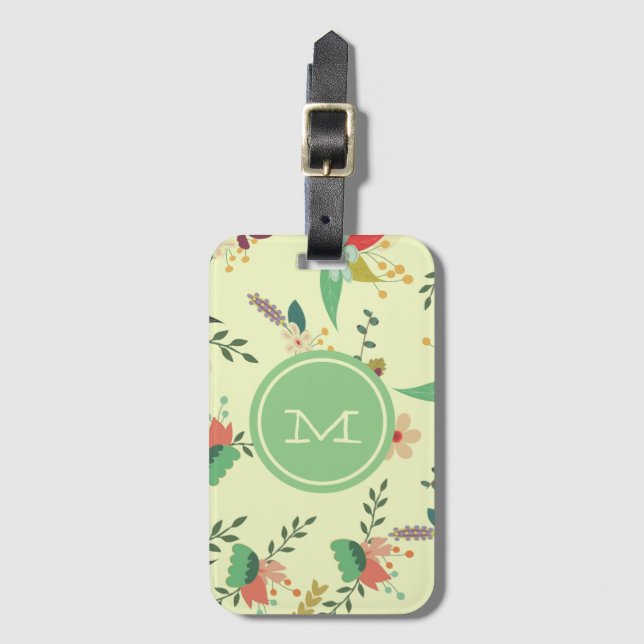 Pretty Spring Floral Mint Monogram Luggage Tag (Front Vertical)