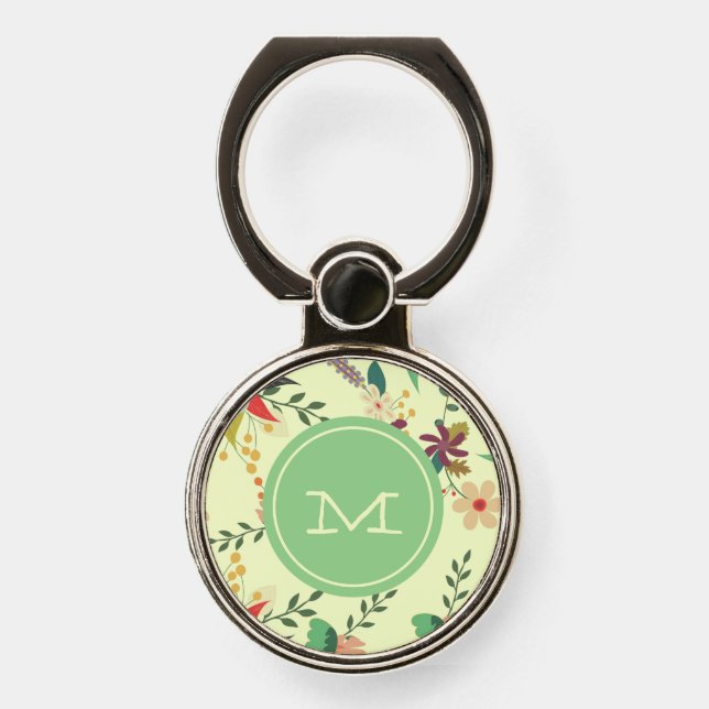 Pretty Spring Floral Mint Monogram Phone Ring Stand (Front)