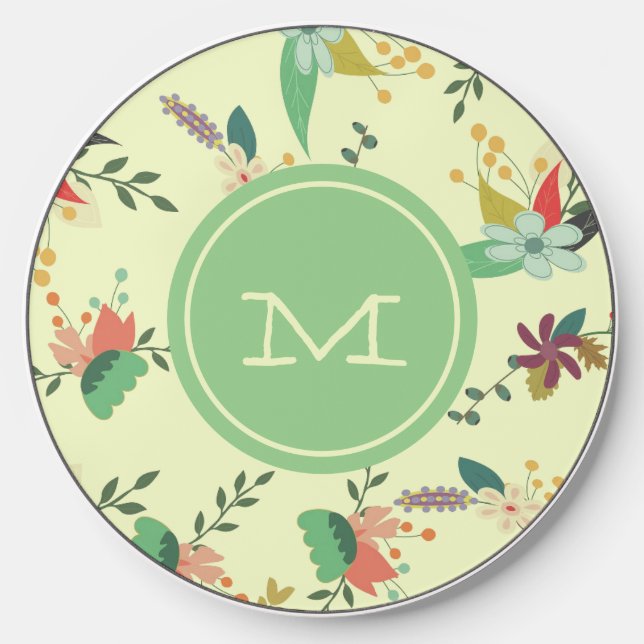 Pretty Spring Floral Mint Monogram Wireless Charger (Front)