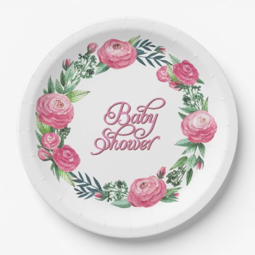 PRETTY SPRING FLORAL PINK ROSES WREATH BABY SHOWER PAPER PLATES