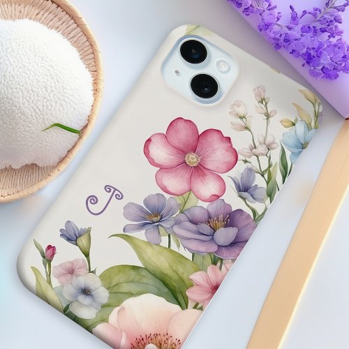 Pretty Spring Floral Watercolor Monogram Cute Pink iPhone 15 Plus Case
