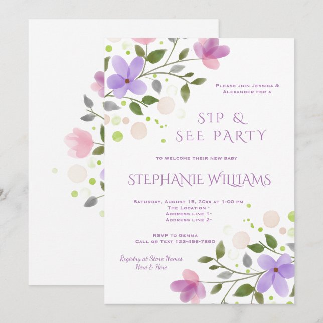 Pretty Spring Floral Watercolor Sip & See Invitation (Front/Back)