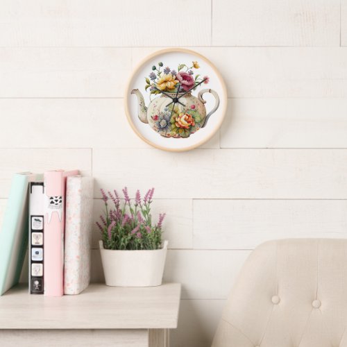 Pretty Spring Flowers Elegant Teapot  Clock