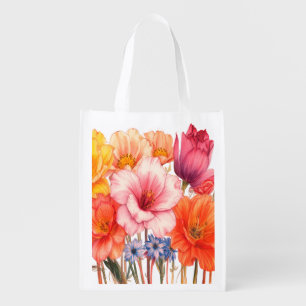 Pretty Spring Flowers On a Reusable White Wedding Grocery Bag