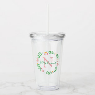 Pretty Spring Flowers Wreath Monogrammed Acrylic Tumbler