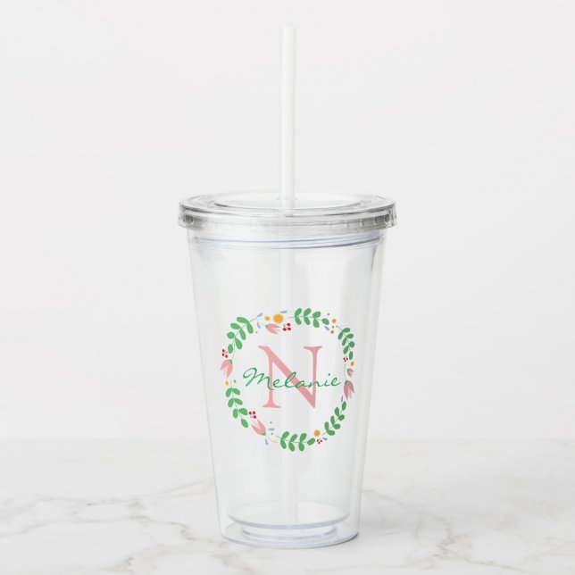 Pretty Spring Flowers Wreath Monogrammed Acrylic Tumbler (Front)