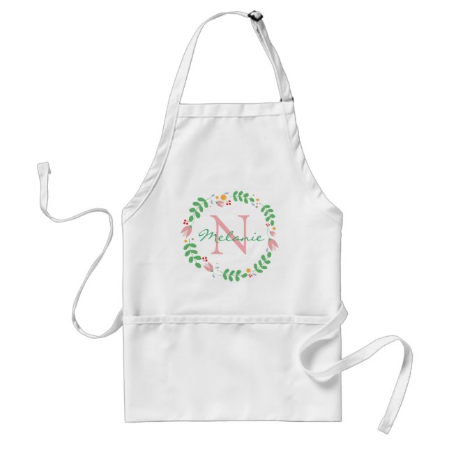 Pretty Spring Flowers Wreath Monogrammed Adult Apron (Front)