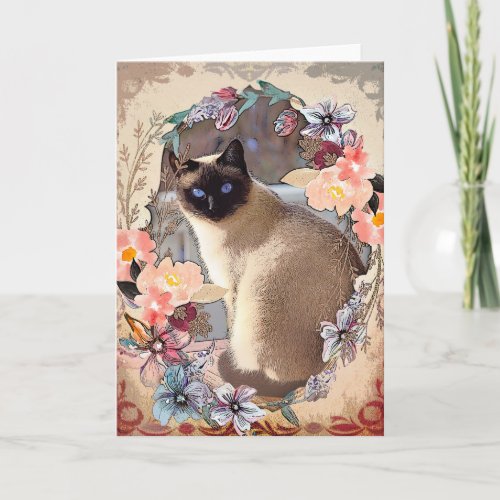 Pretty Spring Garden Siamese Cat Card