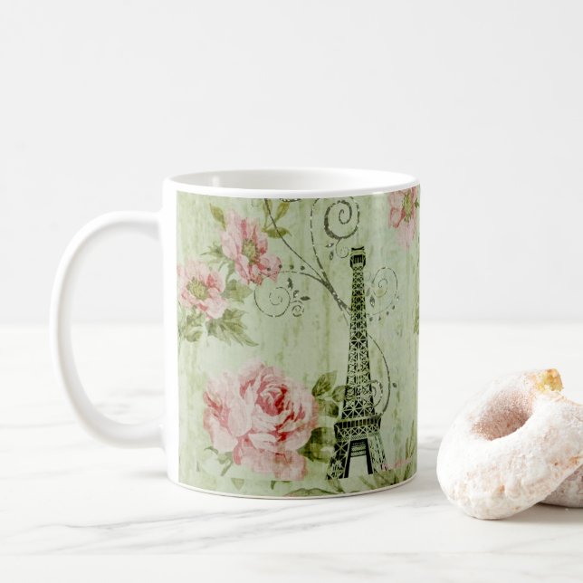 pretty spring mint pink floral paris eiffel tower coffee mug (With Donut)