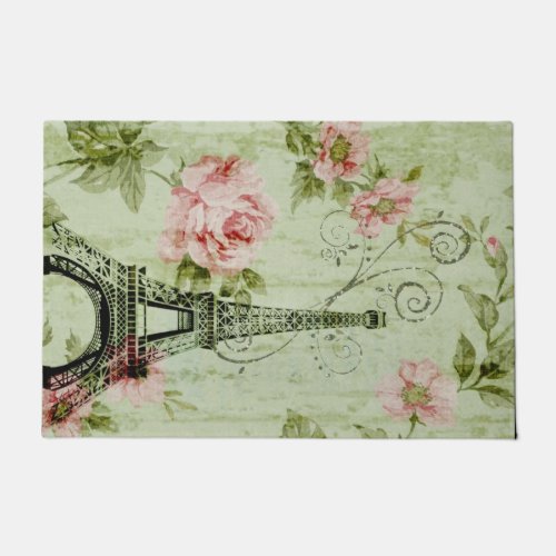 pretty spring mint pink floral paris eiffel tower doormat