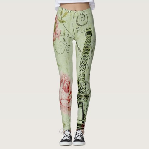 pretty spring mint pink floral paris eiffel tower leggings