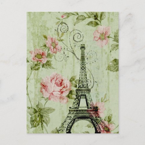 pretty spring mint pink floral paris eiffel tower postcard