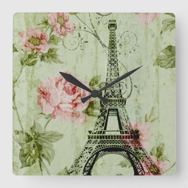 pretty spring mint pink floral paris eiffel tower square wall clock (Front)