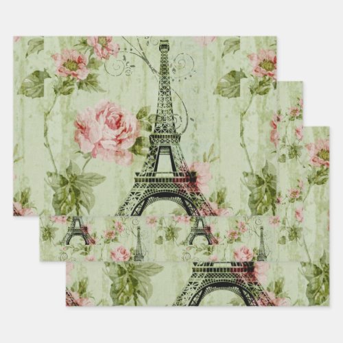 pretty spring mint pink floral paris eiffel tower wrapping paper sheets