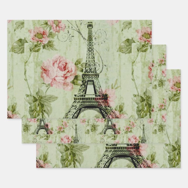 pretty spring mint pink floral paris eiffel tower wrapping paper sheets (Set)