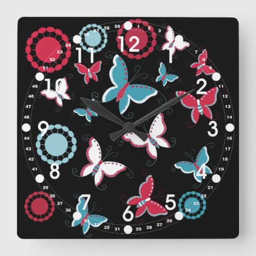 Pretty Spring Pink Blue Butterflies for Girls Square Wall Clock