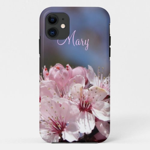 pretty spring pink cherry blossom in blue sky iPhone 11 case