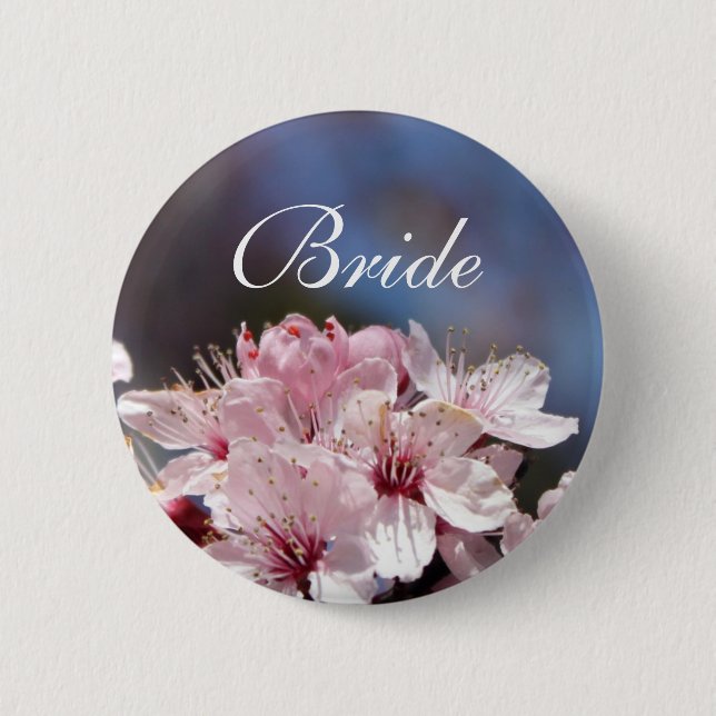 pretty spring pink cherry blossom in blue sky pinback button (Front)